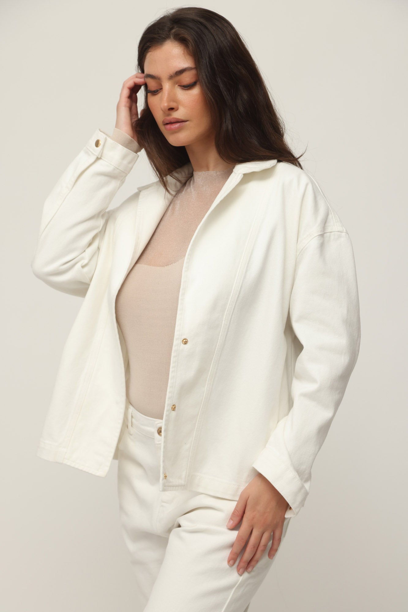 DENIM JACKET HIDDEN SNAPS WHITE