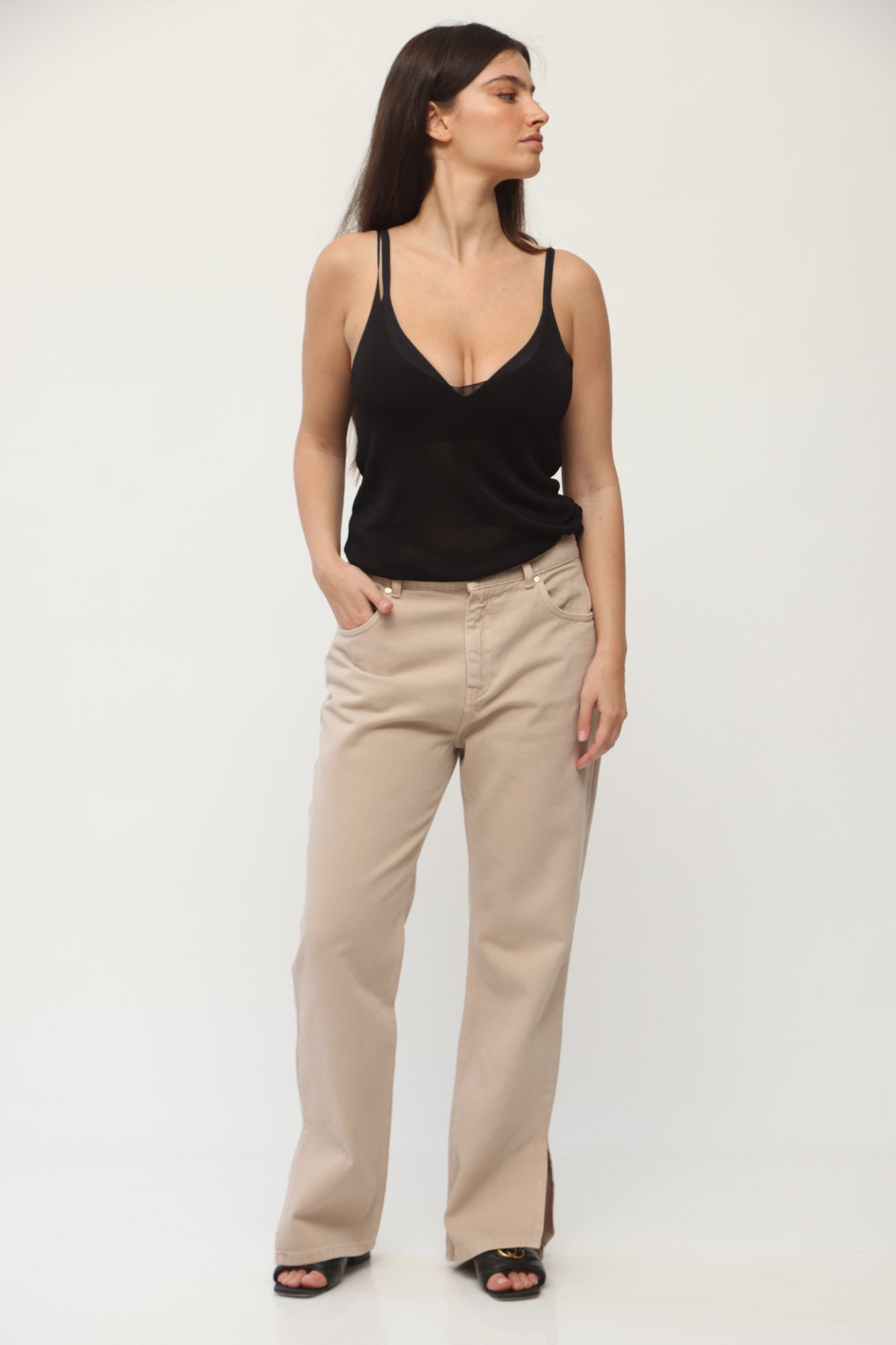 HIGH WAIST LEG SLIT DENIM BEIGE