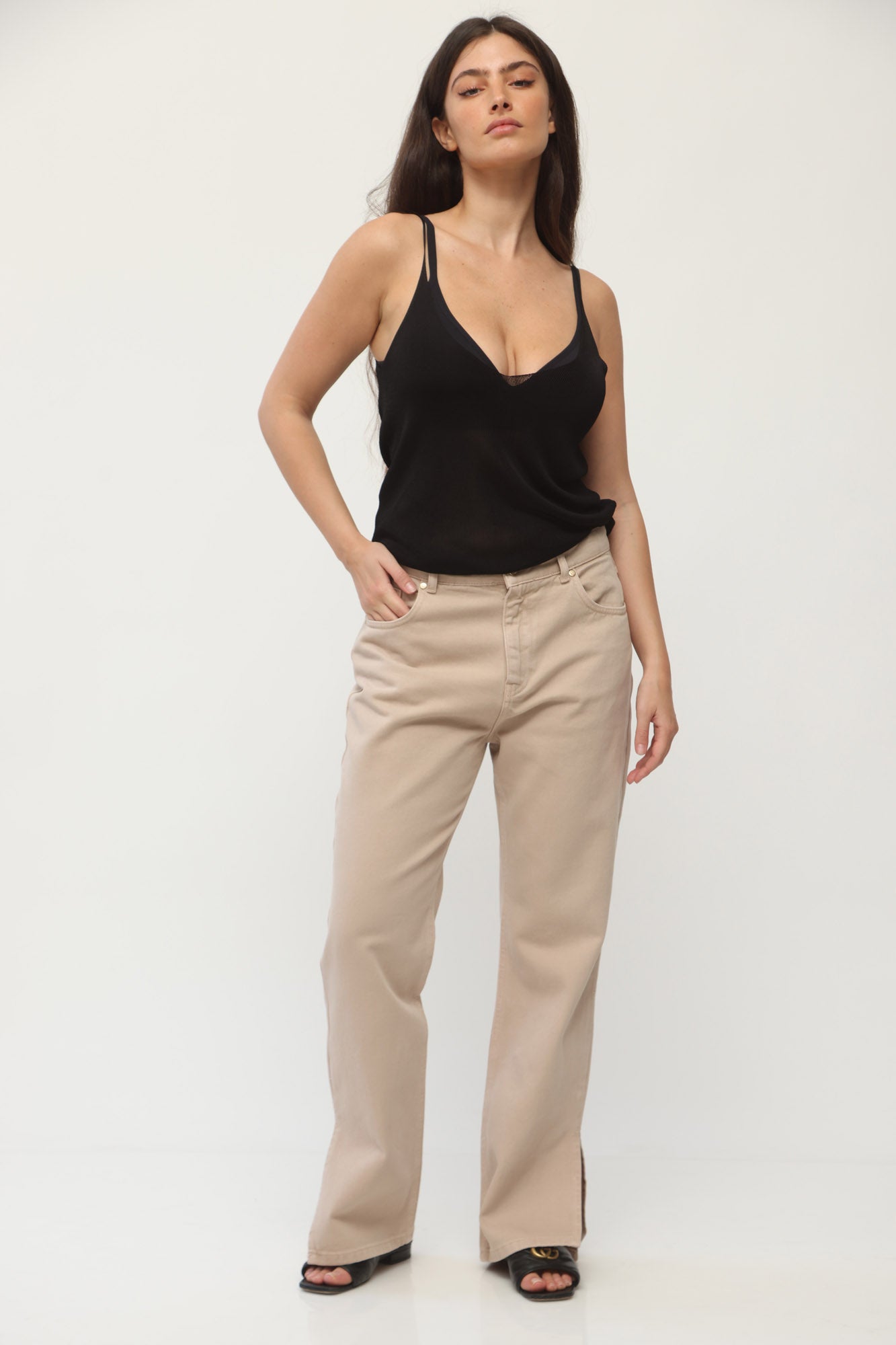 HIGH WAIST LEG SLIT DENIM BEIGE