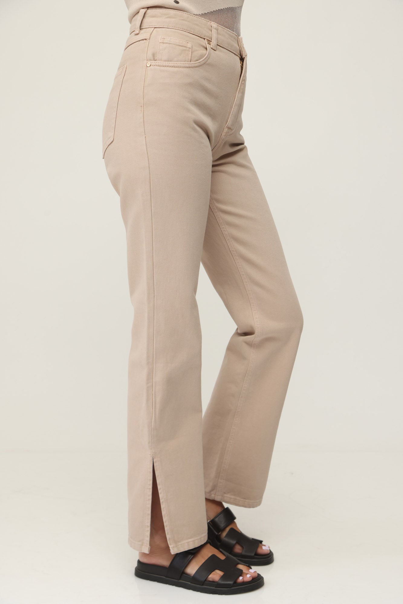 HIGH WAIST LEG SLIT DENIM BEIGE